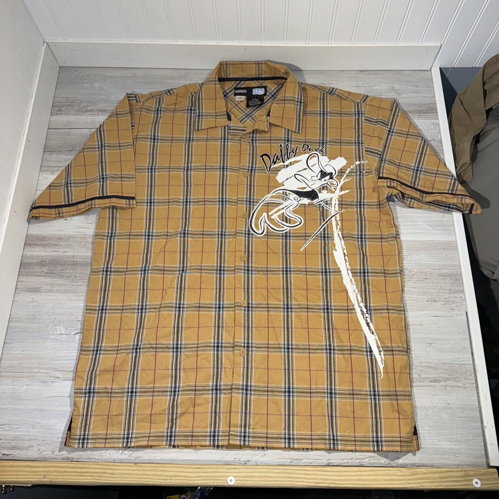 Vintage Lot‎ 29 Daffy Duck Button Up Short Sleeve Plaid Shirt Men's Size XL